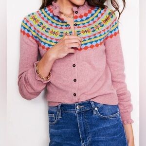 Boden Rose Cardigan with Colorful Geometric Design